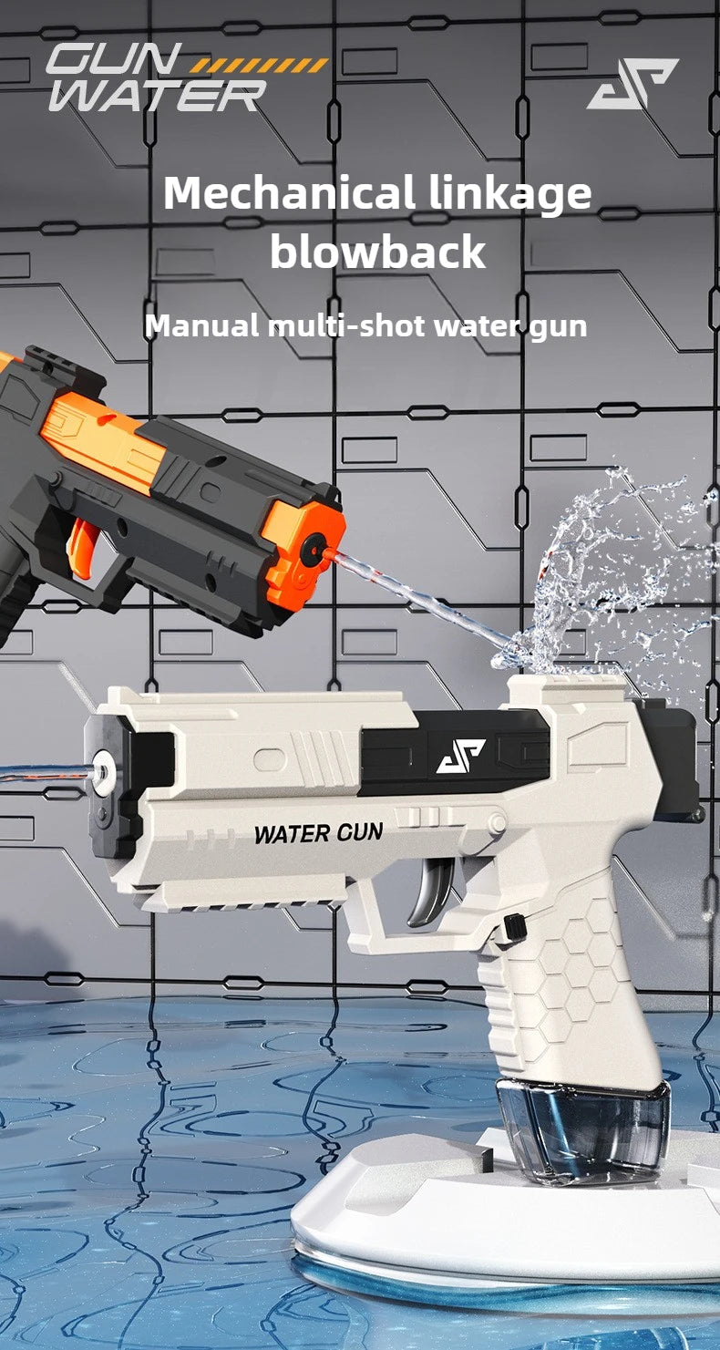 Manual multi-shot water gun with mechanical linkage blowback on a gray background